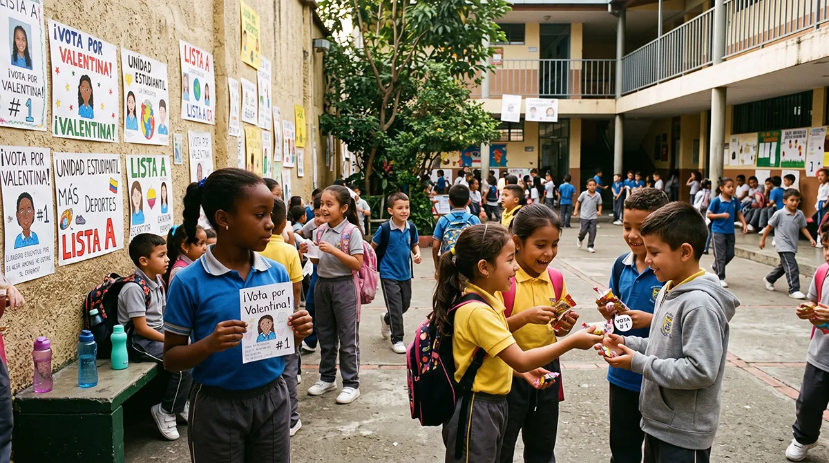 Campaña electoral escolar en el patio de recreo con afiches y niños repartiendo dulces