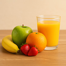 Frutas frescas y jugo natural sobre una mesa de madera