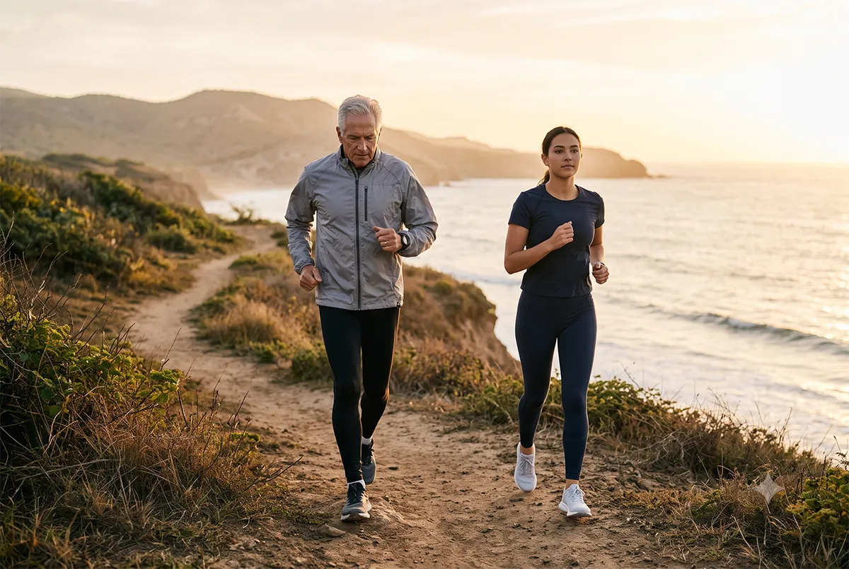 Active, healthy older man jogging beside a young woman