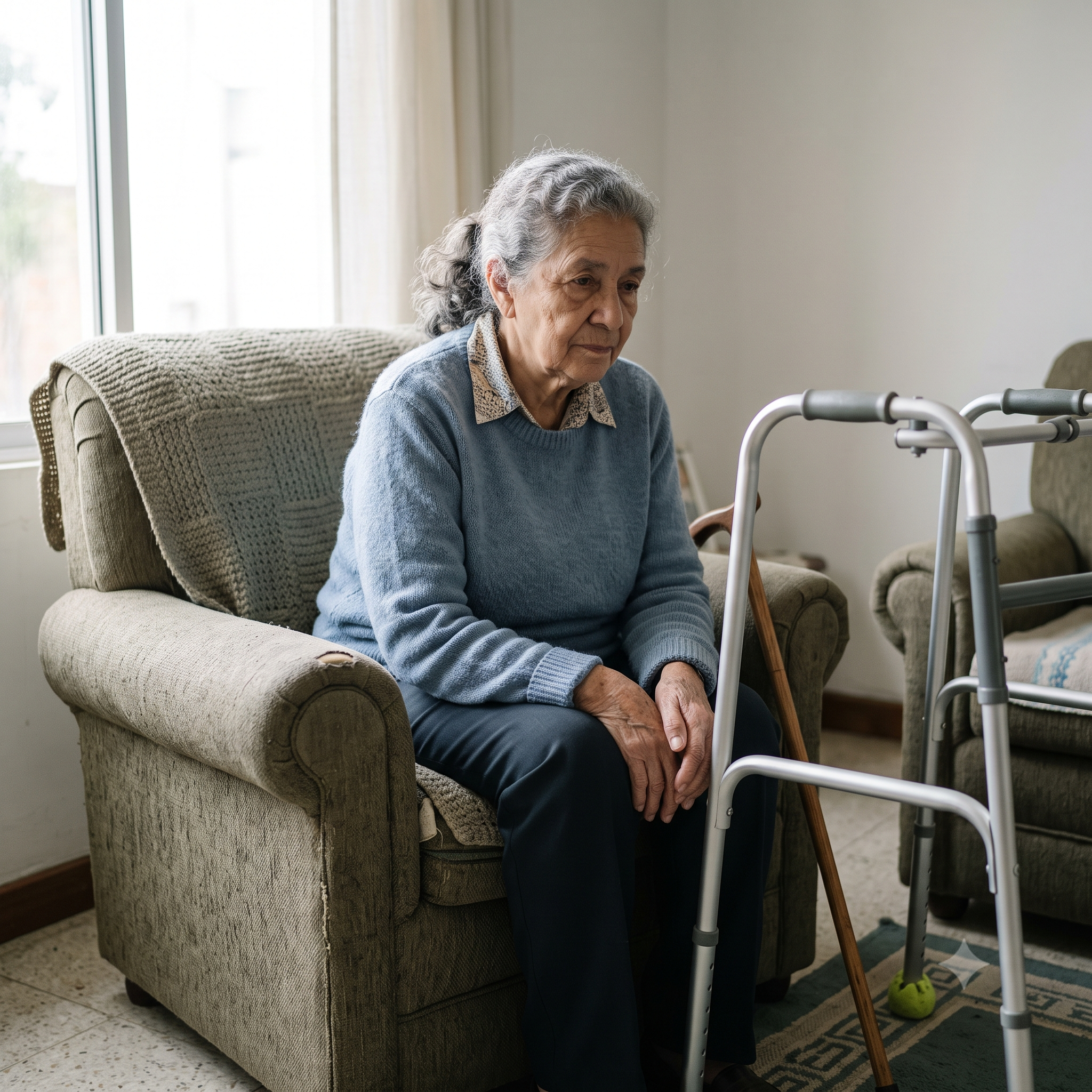 Persona mayor con problemas de salud y movilidad reducida