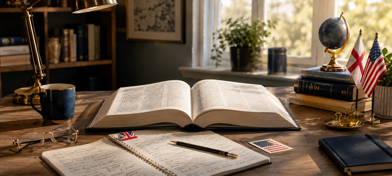 iccionario de inglés abierto sobre un escritorio con cuaderno de notas, banderas del Reino Unido y Estados Unidos y elementos de estudio.